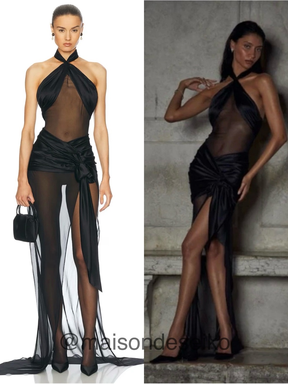 NWT Mirror Palais Maxi Dress Black Bow Wrap 100% Silk Sheer Halter size XS